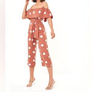 Missguided Spot Cold Shoulder Belt Culotte Jumpsuit Terracotta Pink Polka Dots 4